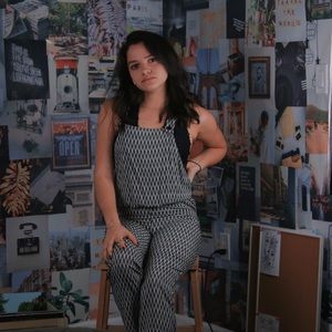 Black & white patterned overalls w/ straight pants